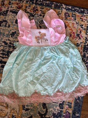 Smocked Sweets | Smocked Carousel Dress - Pink & Mint Dot with Gold Lace Trim